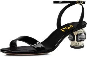 FSJ Women Gorgeous Crystal Low Block Heel Open Toe Ankle Strap Sandals Comfort Wedding Office Party Dress Shoes Size 4-15 US