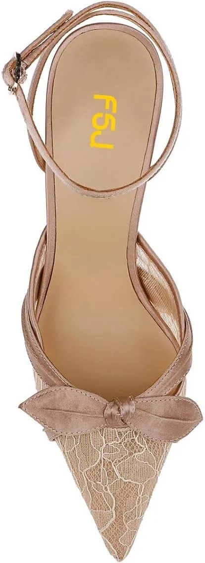FSJ Women Lace High Heel Bowknot Closed Pointed Toe Pumps Ankle Strap D'Orsay Heeled Sandals Wedding Bridal Satin Shoes Size 4-16 US