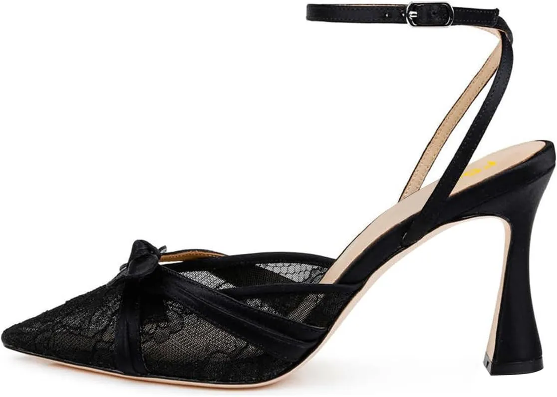 FSJ Women Lace High Heel Bowknot Closed Pointed Toe Pumps Ankle Strap D'Orsay Heeled Sandals Wedding Bridal Satin Shoes Size 4-16 US