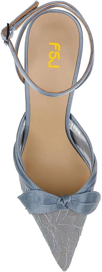 FSJ Women Lace High Heel Bowknot Closed Pointed Toe Pumps Ankle Strap D'Orsay Heeled Sandals Wedding Bridal Satin Shoes Size 4-16 US
