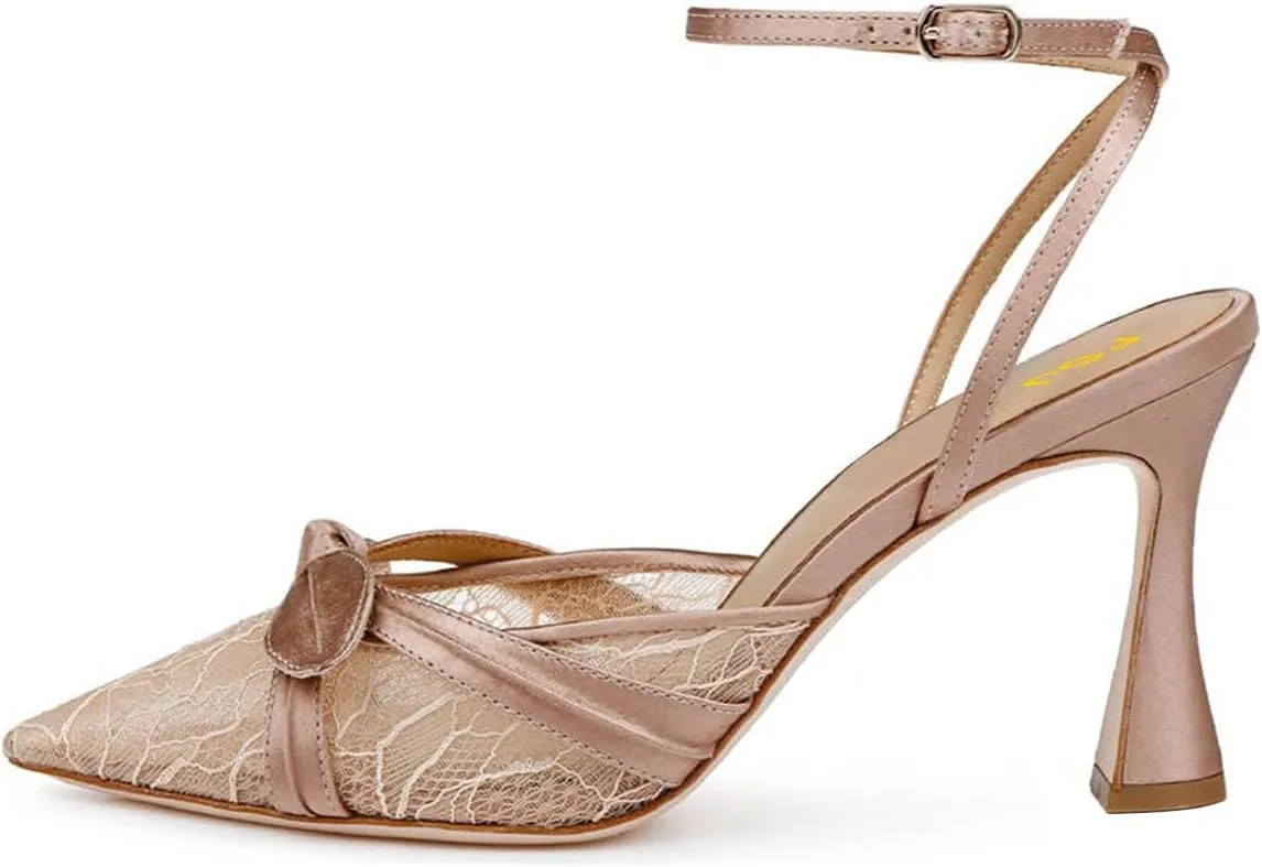 FSJ Women Lace High Heel Bowknot Closed Pointed Toe Pumps Ankle Strap D'Orsay Heeled Sandals Wedding Bridal Satin Shoes Size 4-16 US