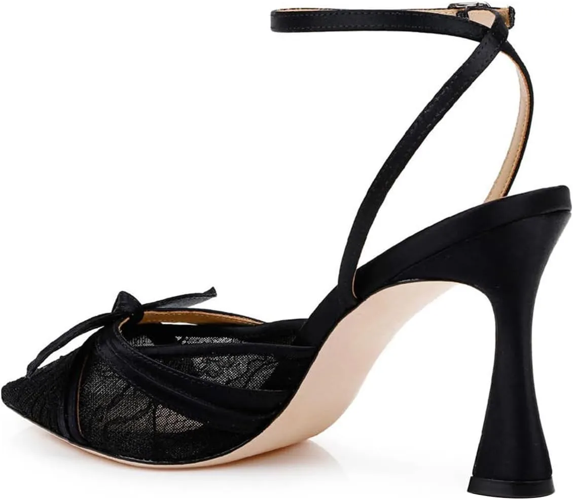 FSJ Women Lace High Heel Bowknot Closed Pointed Toe Pumps Ankle Strap D'Orsay Heeled Sandals Wedding Bridal Satin Shoes Size 4-16 US