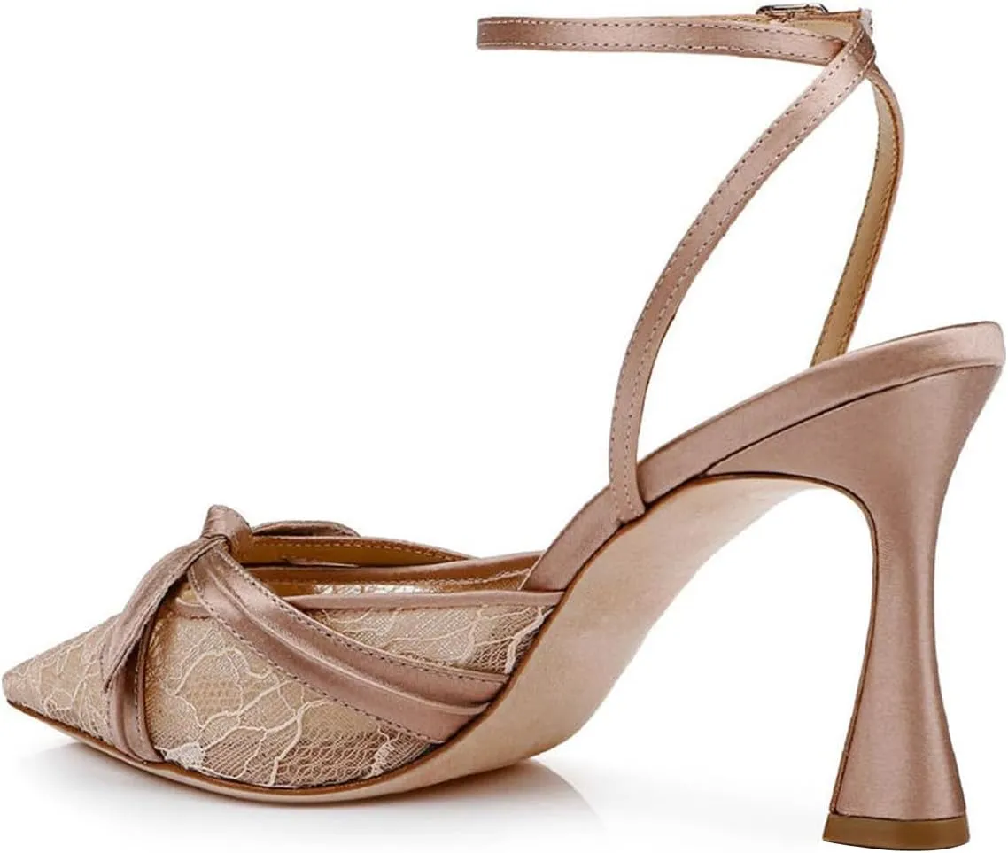 FSJ Women Lace High Heel Bowknot Closed Pointed Toe Pumps Ankle Strap D'Orsay Heeled Sandals Wedding Bridal Satin Shoes Size 4-16 US