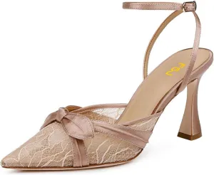 FSJ Women Lace High Heel Bowknot Closed Pointed Toe Pumps Ankle Strap D'Orsay Heeled Sandals Wedding Bridal Satin Shoes Size 4-16 US