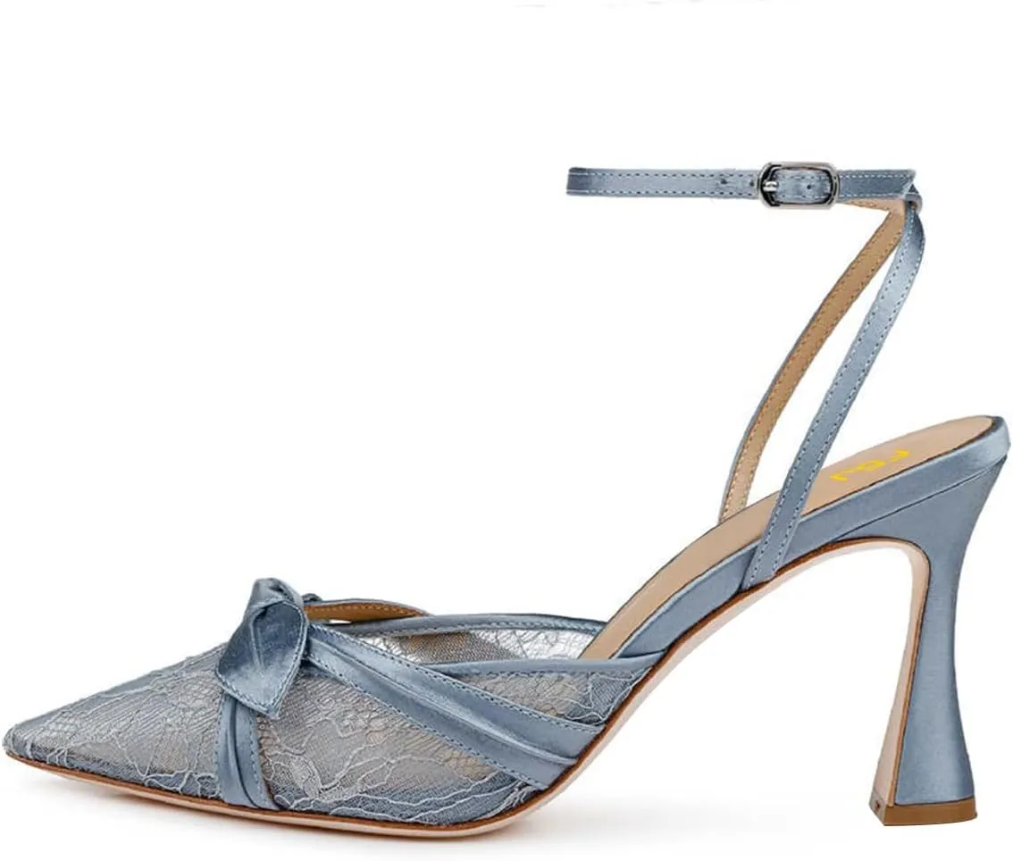 FSJ Women Lace High Heel Bowknot Closed Pointed Toe Pumps Ankle Strap D'Orsay Heeled Sandals Wedding Bridal Satin Shoes Size 4-16 US