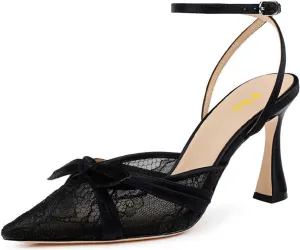 FSJ Women Lace High Heel Bowknot Closed Pointed Toe Pumps Ankle Strap D'Orsay Heeled Sandals Wedding Bridal Satin Shoes Size 4-16 US