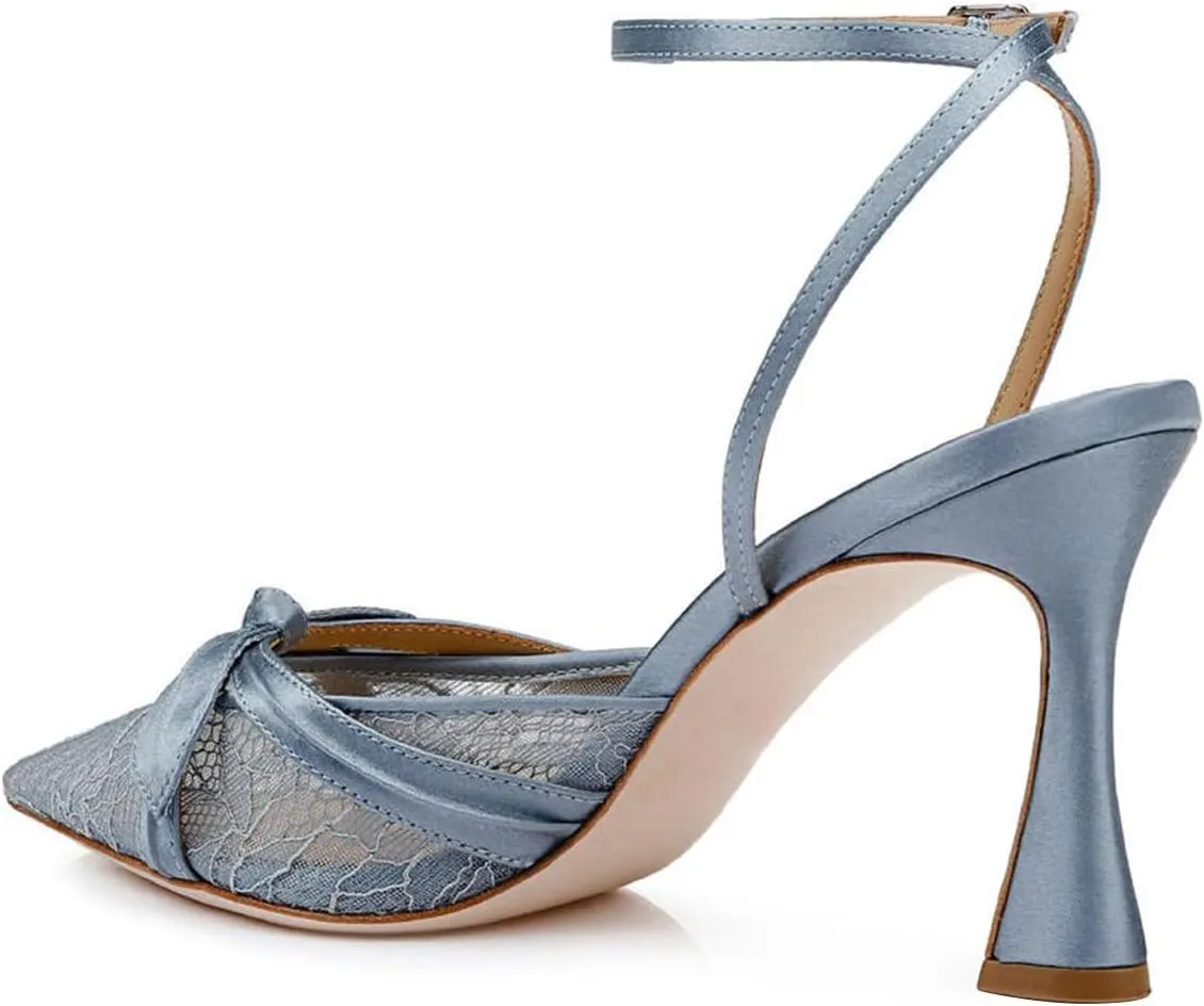 FSJ Women Lace High Heel Bowknot Closed Pointed Toe Pumps Ankle Strap D'Orsay Heeled Sandals Wedding Bridal Satin Shoes Size 4-16 US