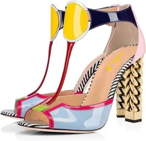 FSJ Women Multicolor Sandals Gold Metal Chain Thick High Heel Open Peep Toe T Strappy Ankle Strap Back Zipper Ladies Comfy Summer Dress Shoes 4-15 US