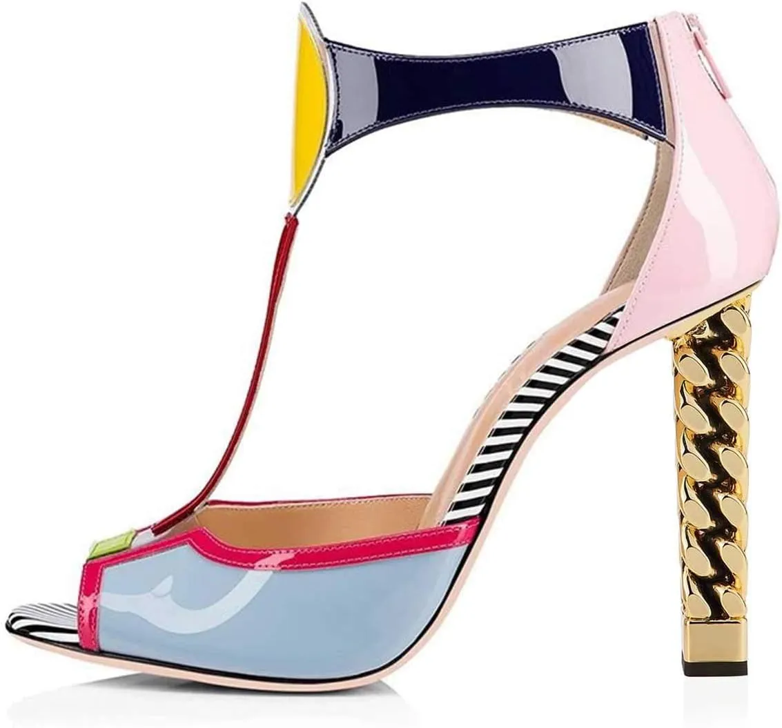 FSJ Women Multicolor Sandals Gold Metal Chain Thick High Heel Open Peep Toe T Strappy Ankle Strap Back Zipper Ladies Comfy Summer Dress Shoes 4-15 US