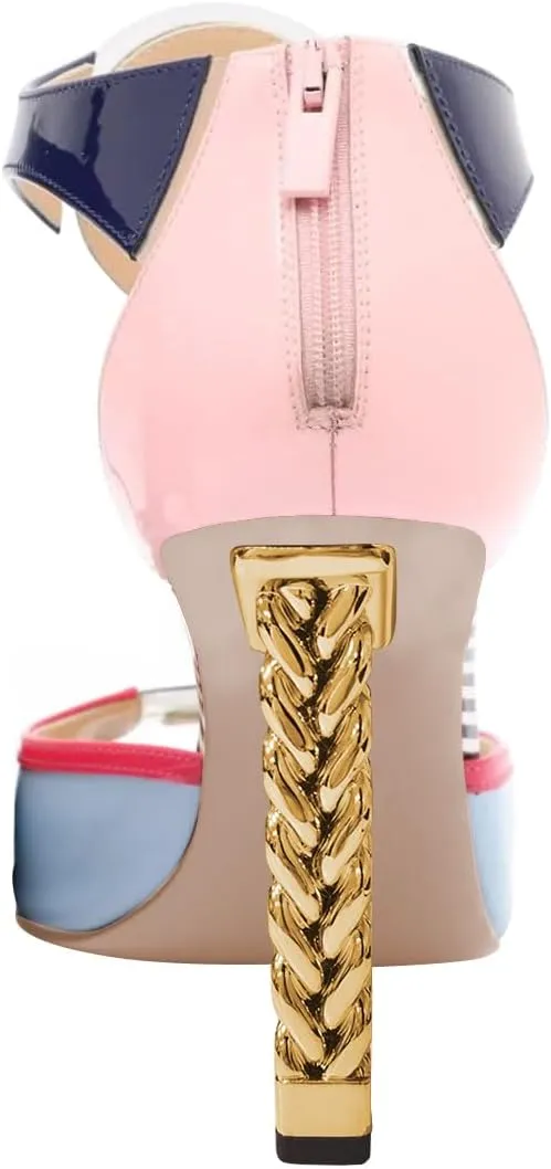 FSJ Women Multicolor Sandals Gold Metal Chain Thick High Heel Open Peep Toe T Strappy Ankle Strap Back Zipper Ladies Comfy Summer Dress Shoes 4-15 US