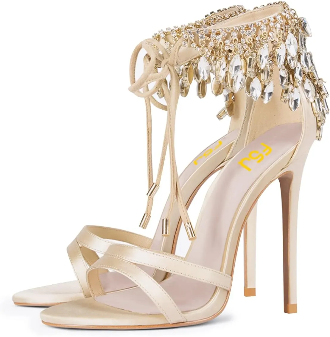 FSJ Women's Wedding Crystal Tassel Back High Heel Sandals Stiletto Heeled Open Toe Lace Up Rhinestone Sandals Dress Party Pumps Shoes Size 4-15 US