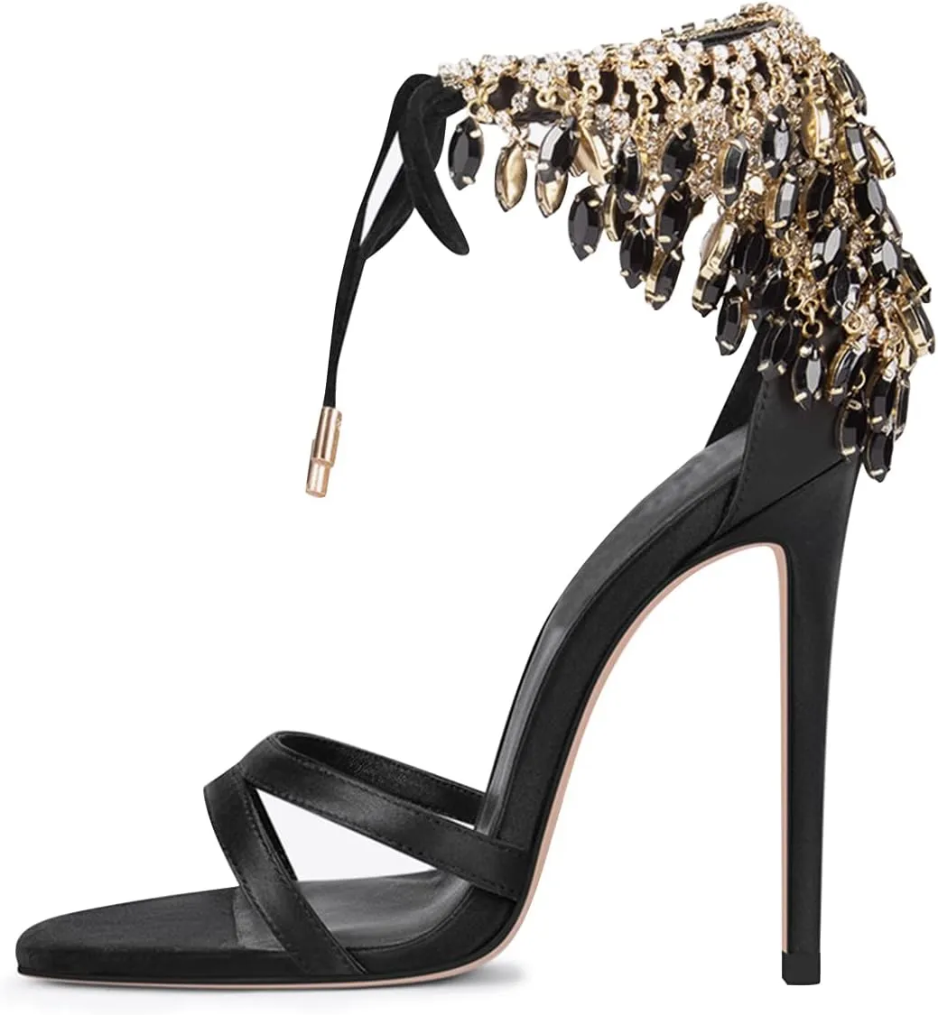 FSJ Women's Wedding Crystal Tassel Back High Heel Sandals Stiletto Heeled Open Toe Lace Up Rhinestone Sandals Dress Party Pumps Shoes Size 4-15 US
