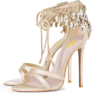 FSJ Women's Wedding Crystal Tassel Back High Heel Sandals Stiletto Heeled Open Toe Lace Up Rhinestone Sandals Dress Party Pumps Shoes Size 4-15 US