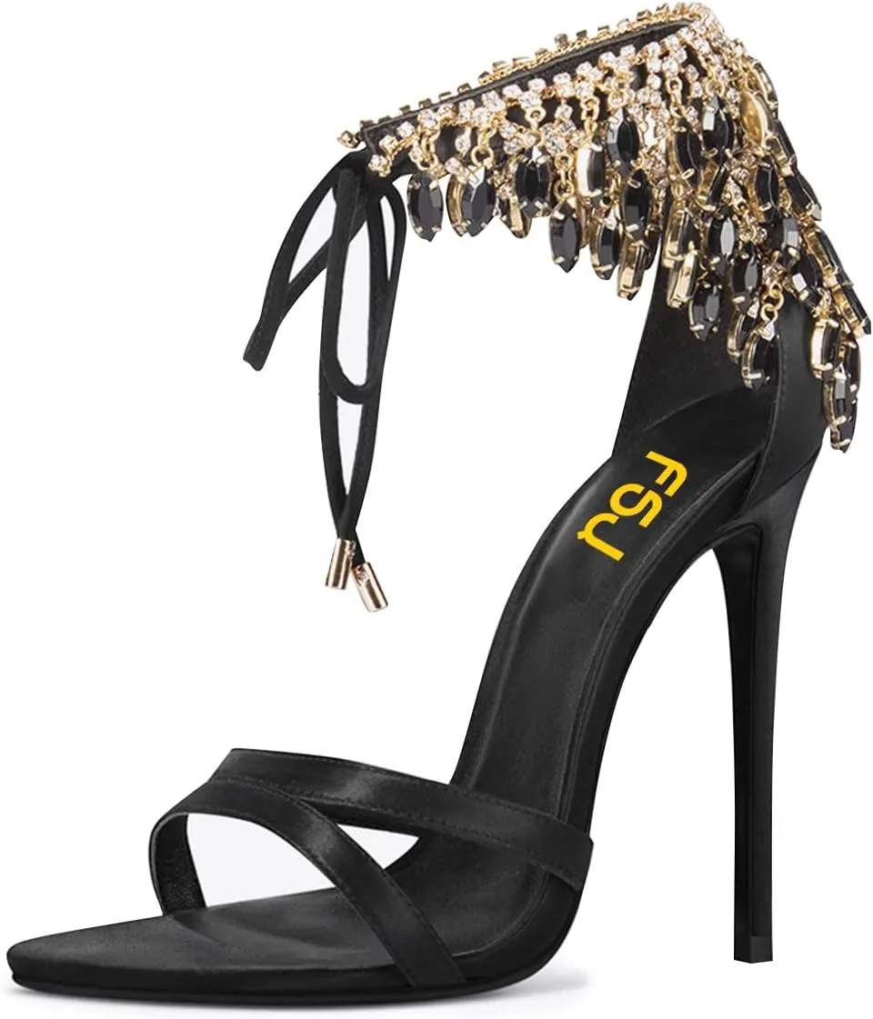 FSJ Women's Wedding Crystal Tassel Back High Heel Sandals Stiletto Heeled Open Toe Lace Up Rhinestone Sandals Dress Party Pumps Shoes Size 4-15 US