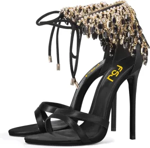 FSJ Women's Wedding Crystal Tassel Back High Heel Sandals Stiletto Heeled Open Toe Lace Up Rhinestone Sandals Dress Party Pumps Shoes Size 4-15 US