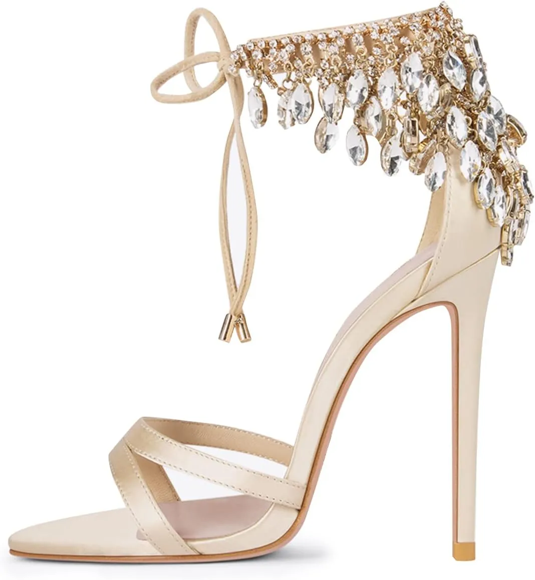 FSJ Women's Wedding Crystal Tassel Back High Heel Sandals Stiletto Heeled Open Toe Lace Up Rhinestone Sandals Dress Party Pumps Shoes Size 4-15 US
