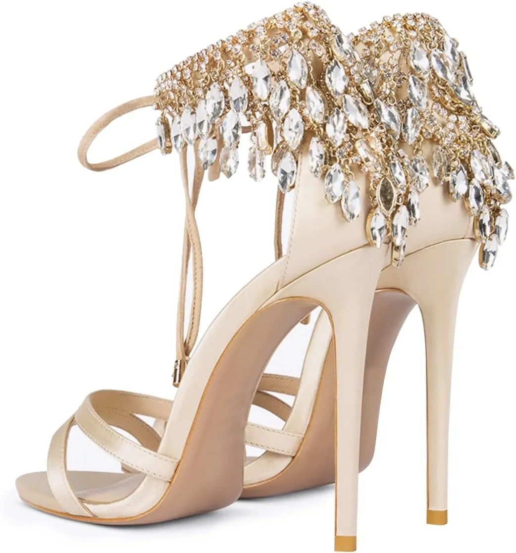 FSJ Women's Wedding Crystal Tassel Back High Heel Sandals Stiletto Heeled Open Toe Lace Up Rhinestone Sandals Dress Party Pumps Shoes Size 4-15 US