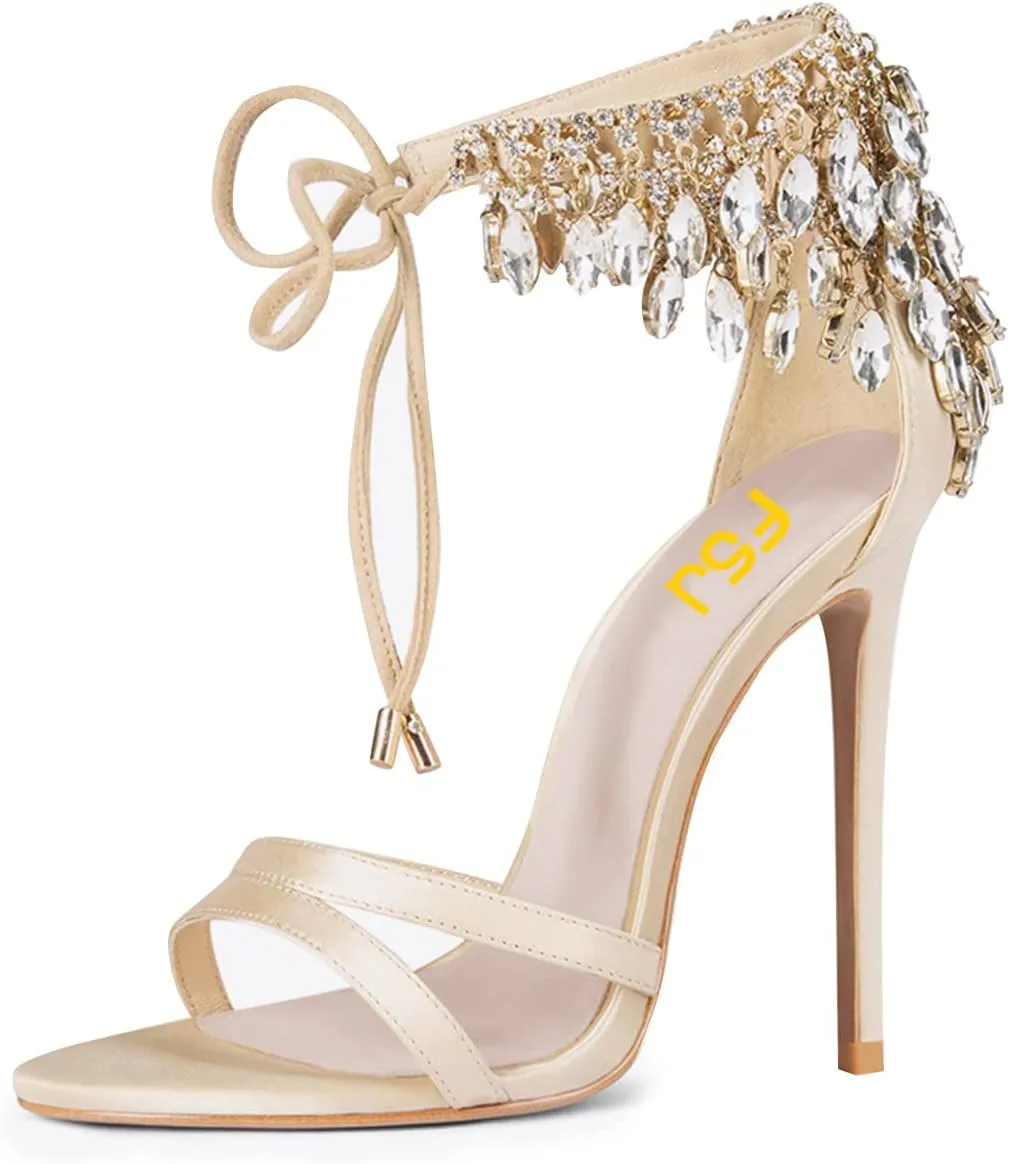 FSJ Women's Wedding Crystal Tassel Back High Heel Sandals Stiletto Heeled Open Toe Lace Up Rhinestone Sandals Dress Party Pumps Shoes Size 4-15 US