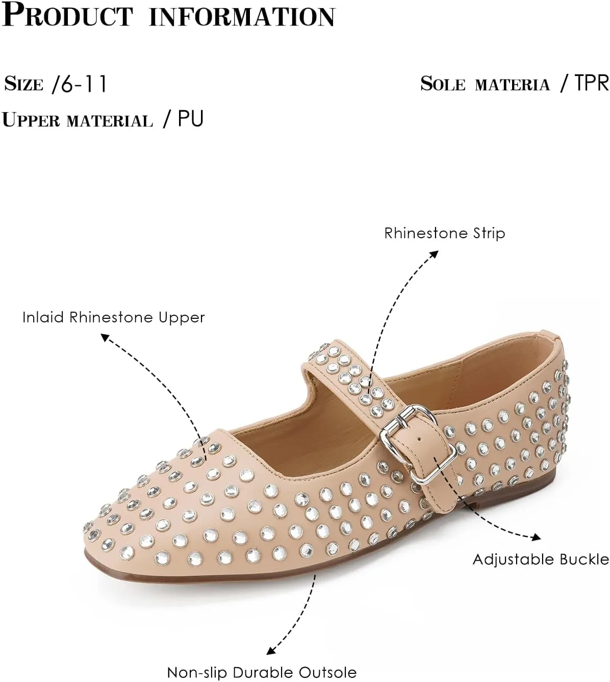 FUNKYMONKEY Women's Diamond Square Toe Mary Jane Flats with Adjustable Buckle Casual Comfort Shoes