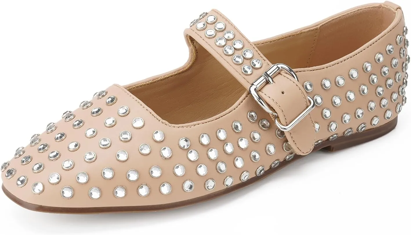FUNKYMONKEY Women's Diamond Square Toe Mary Jane Flats with Adjustable Buckle Casual Comfort Shoes