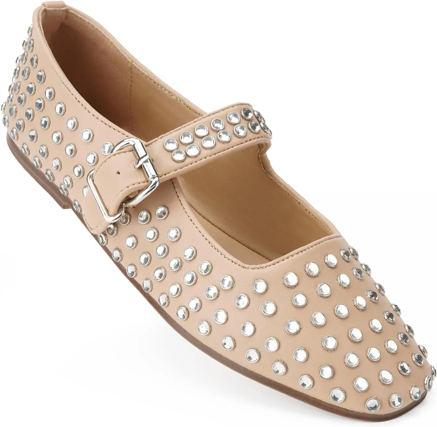 FUNKYMONKEY Women's Diamond Square Toe Mary Jane Flats with Adjustable Buckle Casual Comfort Shoes