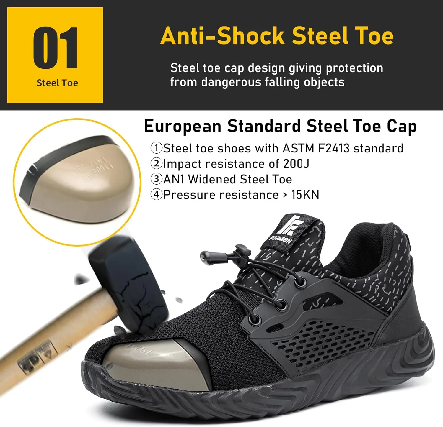 Furuian Steel Toe Indestructible Shoes Men Women Lightweight Puncture Resistant Safety Work Shoes Sneakers for Construction Working Breathable