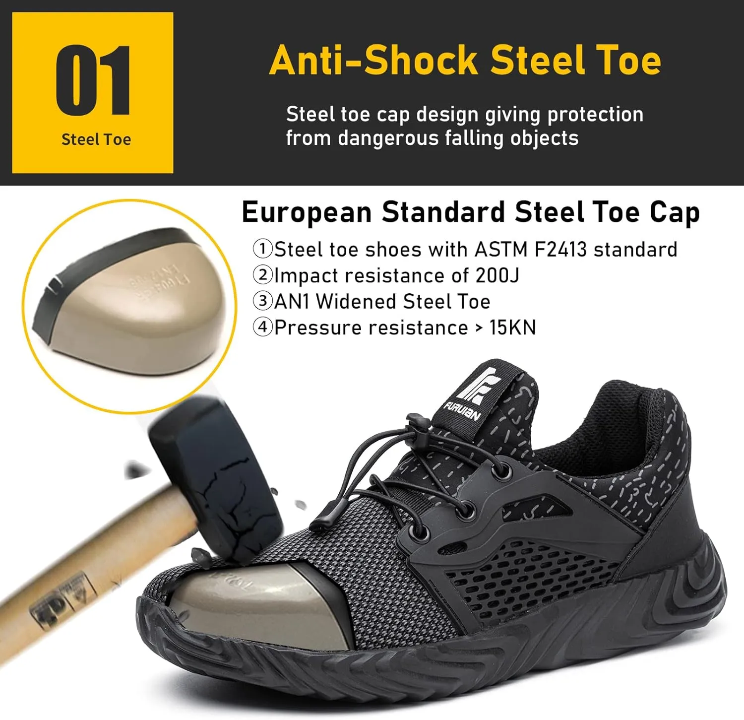 Furuian Steel Toe Indestructible Shoes Men Women Lightweight Puncture Resistant Safety Work Shoes Sneakers for Construction Working Breathable