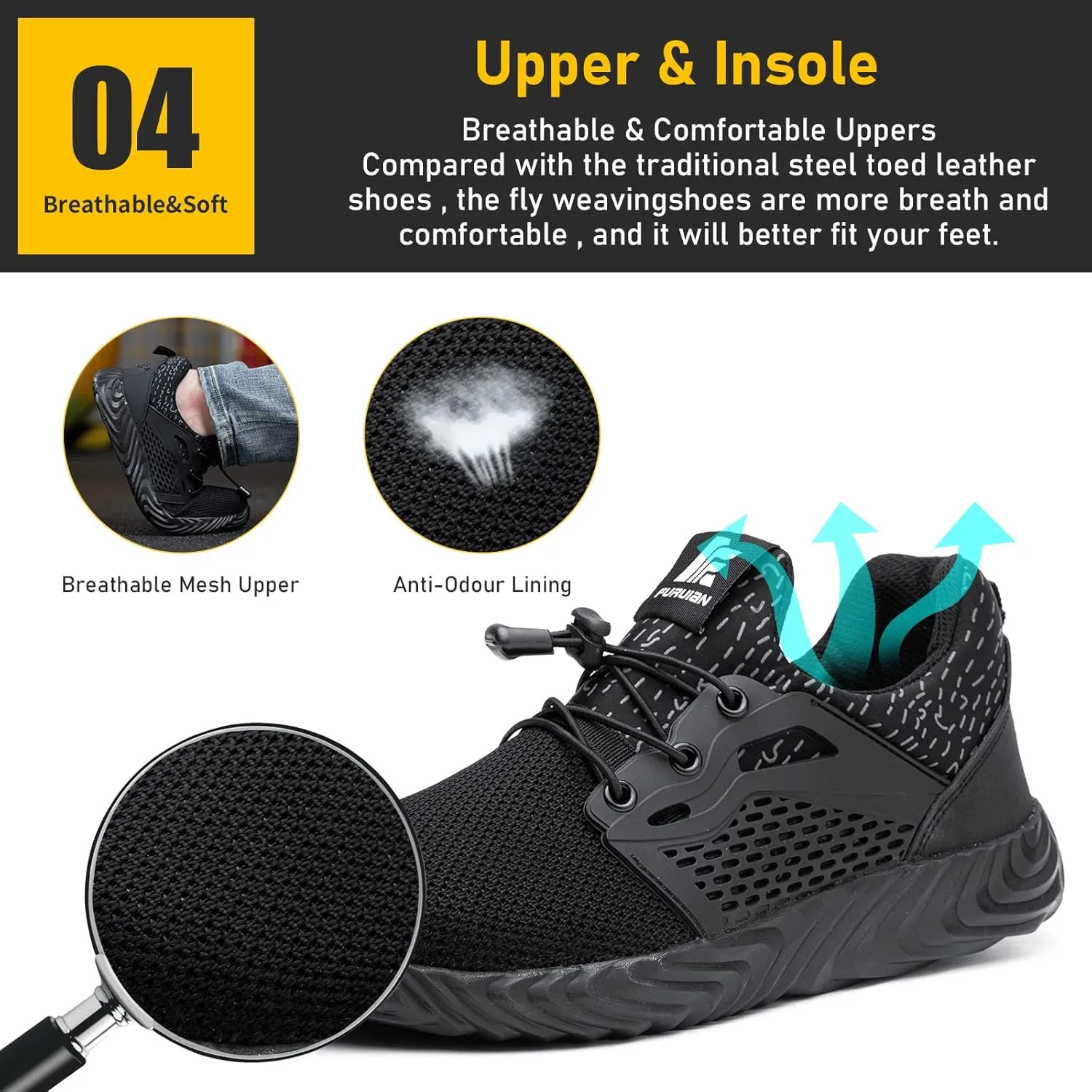Furuian Steel Toe Indestructible Shoes Men Women Lightweight Puncture Resistant Safety Work Shoes Sneakers for Construction Working Breathable