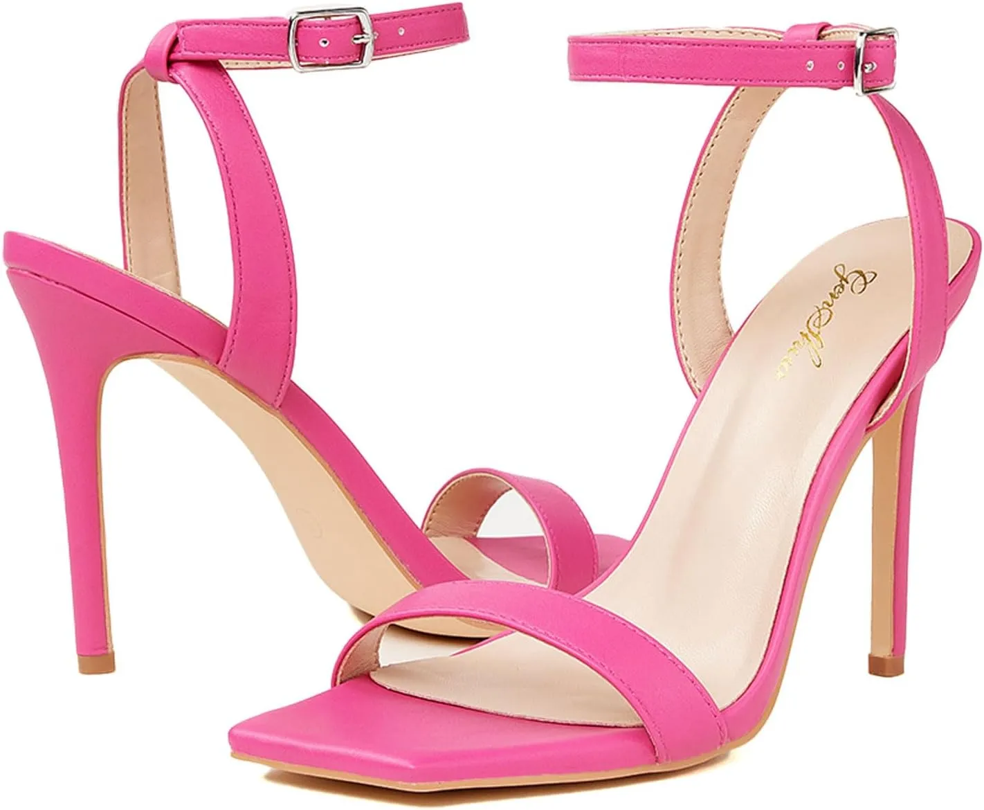 GENSHUO Women's High Heels Ankle Buckle Strap Stilettos Open Square Toe Dressy Sexy Strappy Sandals for Party Prom Homecoming Dressy Shoes