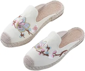 GHYUBYER Women's Chinese Floral Embroidery Shoes，Canvas Linen Flat Slipper for Indoor and Outdoor Women Sandals Slippers(Color:White,Size:40 EU)
