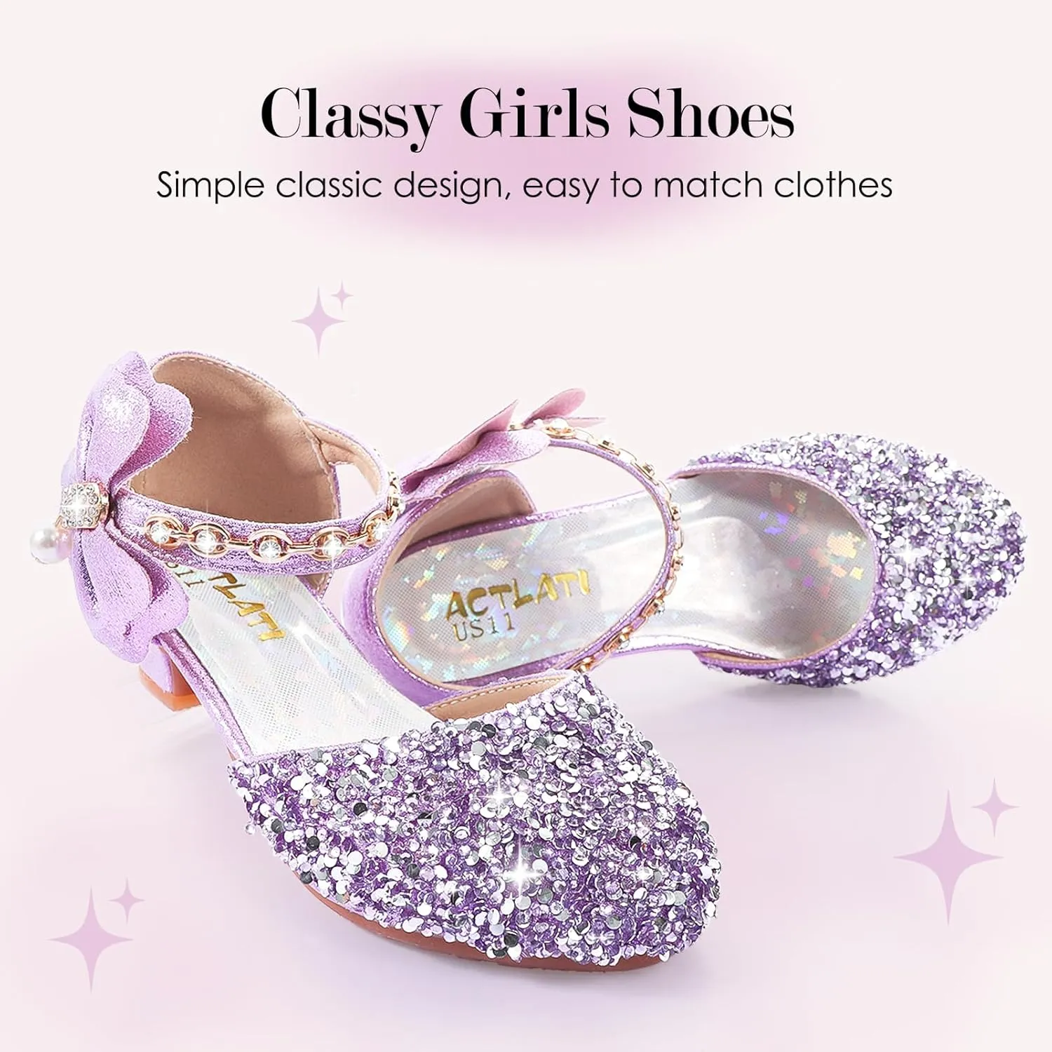 Girls Dress Pumps Glitter Sequins Princess Crystal High Heels Closed Toe Party Wedding Flower Girls Shoes (Little/Big Kid)