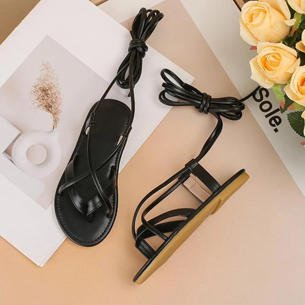 Girls Summer Strappy Tie Straps Gladiator Sandals Flats Lace up Beach Shoes