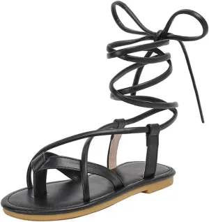 Girls Summer Strappy Tie Straps Gladiator Sandals Flats Lace up Beach Shoes