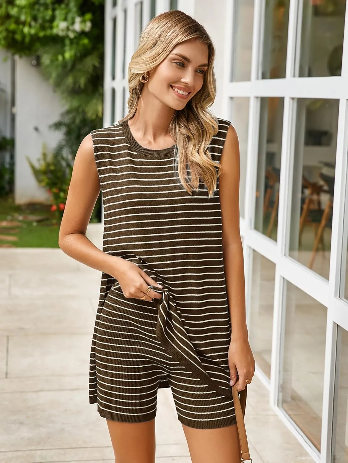 Glamaker Women's 2 Piece Short Sets Summer Lounge Sets Sweater Knit Beach Vacation Matching Sets Travel Outfits