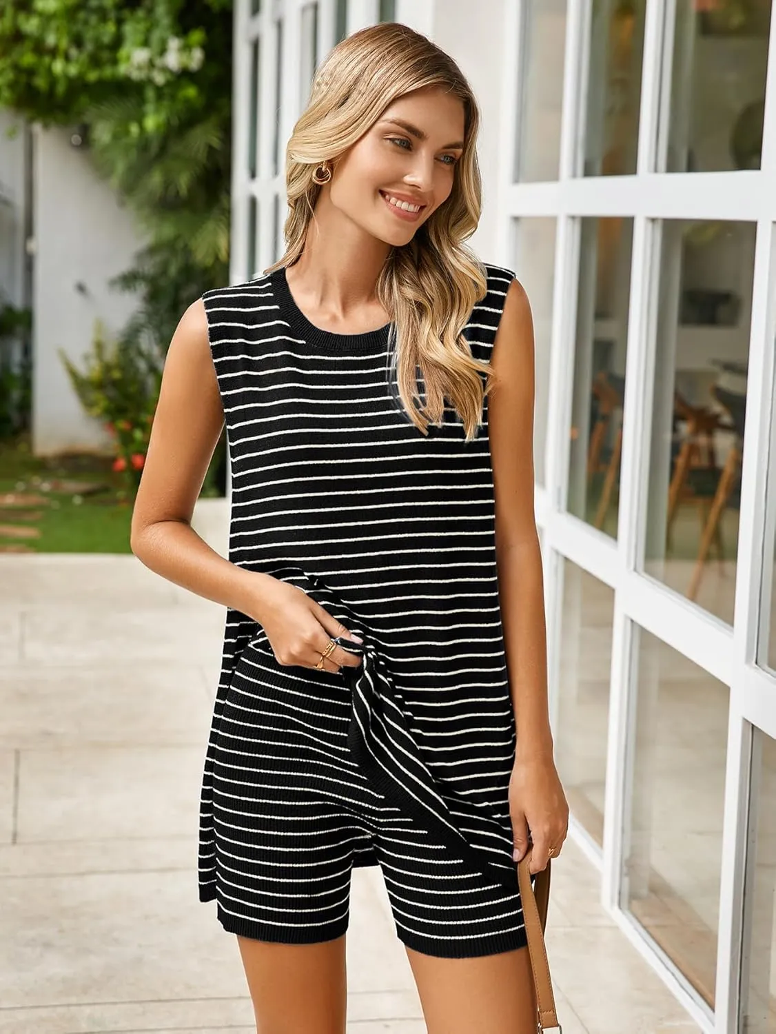 Glamaker Women's 2 Piece Short Sets Summer Lounge Sets Sweater Knit Beach Vacation Matching Sets Travel Outfits