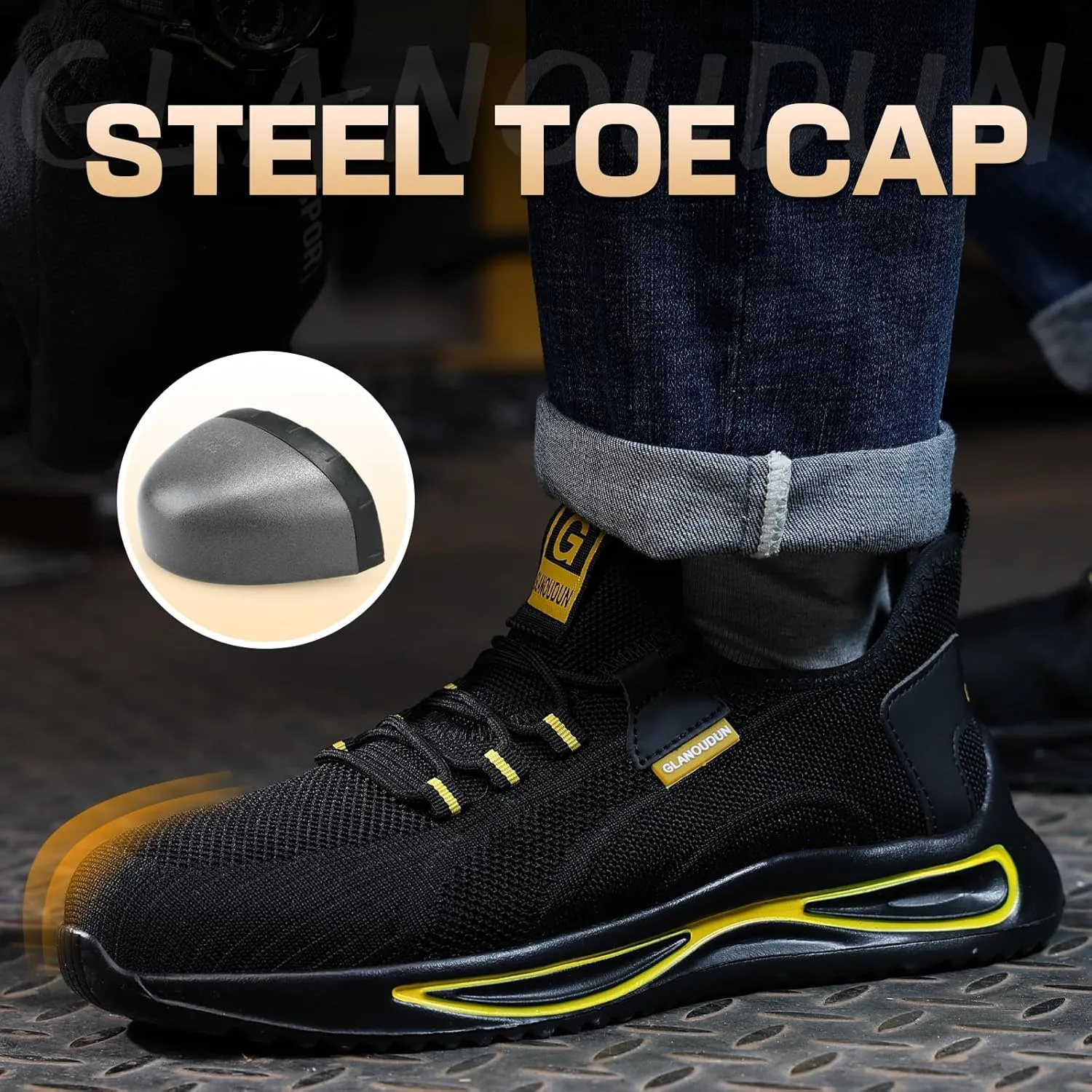 GLANOUDUN Steel Toe Shoes for Men Lightweight Work Shoes for Men Black Steel Toe Sneakers Comfortable Safety Tennis Sneakers Indestructible Men's Safety Footwear Industrial Construction