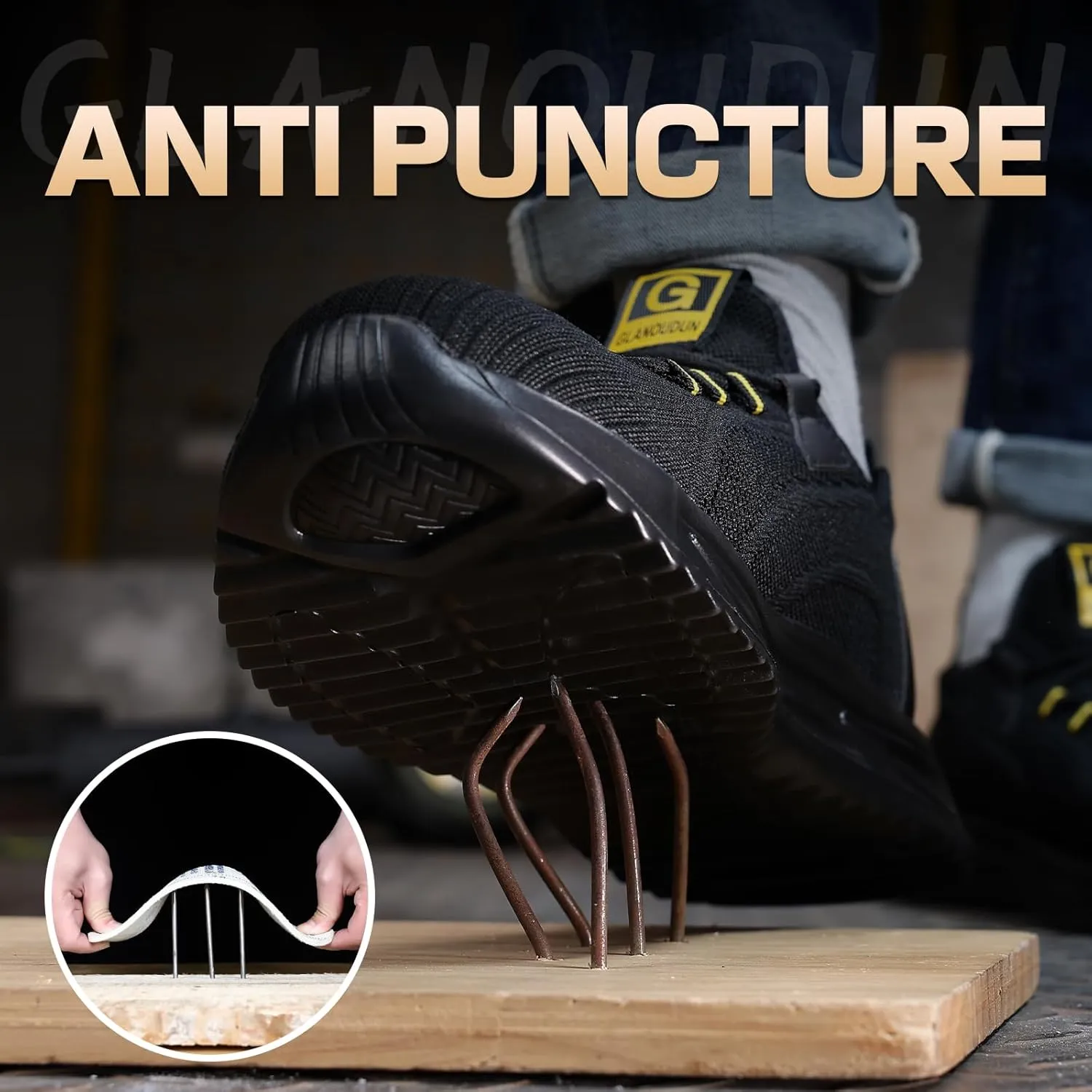 GLANOUDUN Steel Toe Shoes for Men Lightweight Work Shoes for Men Black Steel Toe Sneakers Comfortable Safety Tennis Sneakers Indestructible Men's Safety Footwear Industrial Construction