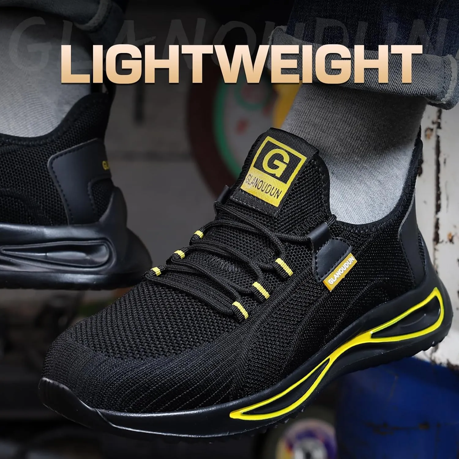 GLANOUDUN Steel Toe Shoes for Men Lightweight Work Shoes for Men Black Steel Toe Sneakers Comfortable Safety Tennis Sneakers Indestructible Men's Safety Footwear Industrial Construction