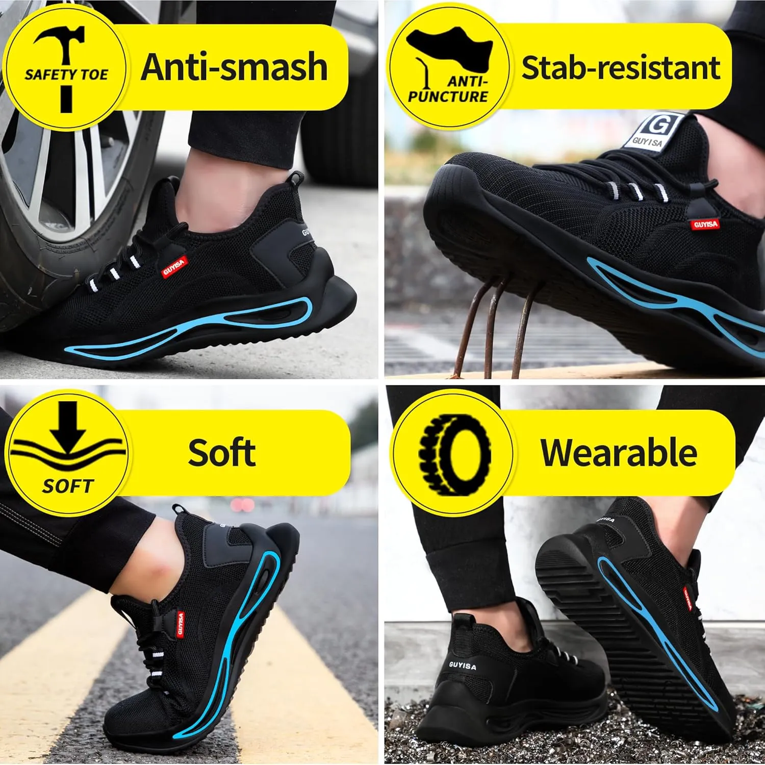GLANOUDUN Steel Toe Shoes for Men Lightweight Work Shoes for Men Black Steel Toe Sneakers Comfortable Safety Tennis Sneakers Indestructible Men's Safety Footwear Industrial Construction
