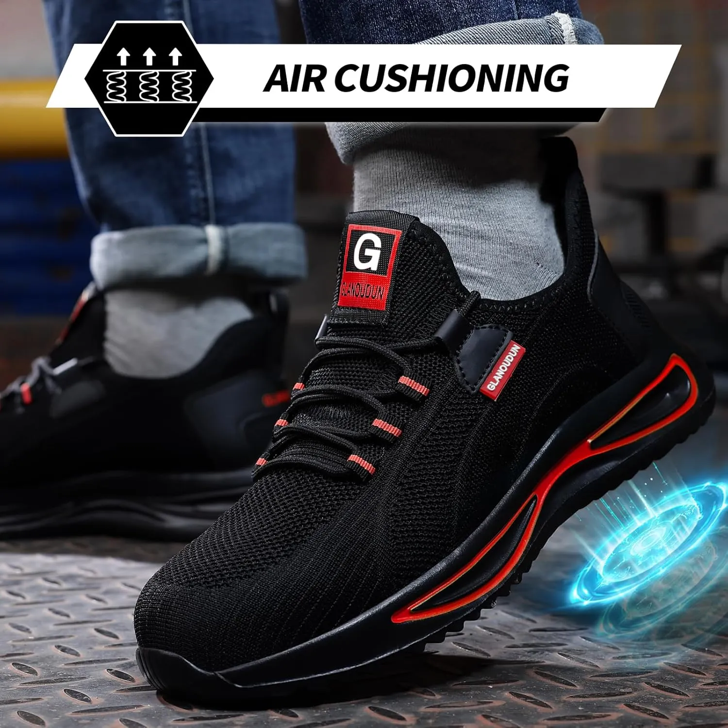 GLANOUDUN Steel Toe Shoes for Men Lightweight Work Shoes for Men Black Steel Toe Sneakers Comfortable Safety Tennis Sneakers Indestructible Men's Safety Footwear Industrial Construction