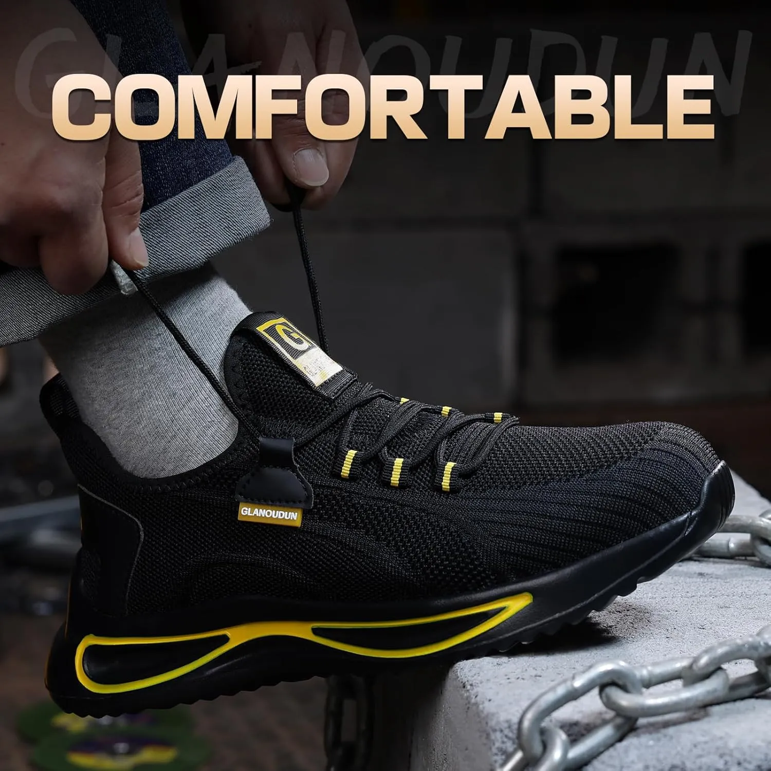 GLANOUDUN Steel Toe Shoes for Men Lightweight Work Shoes for Men Black Steel Toe Sneakers Comfortable Safety Tennis Sneakers Indestructible Men's Safety Footwear Industrial Construction