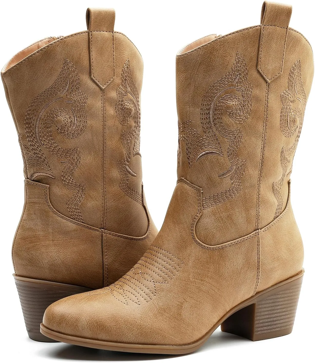 GLOBALWIN Women's Mid Calf The Western Cowgirl Boots Fashion Cowboy Boots For Women Chunky Low Heel