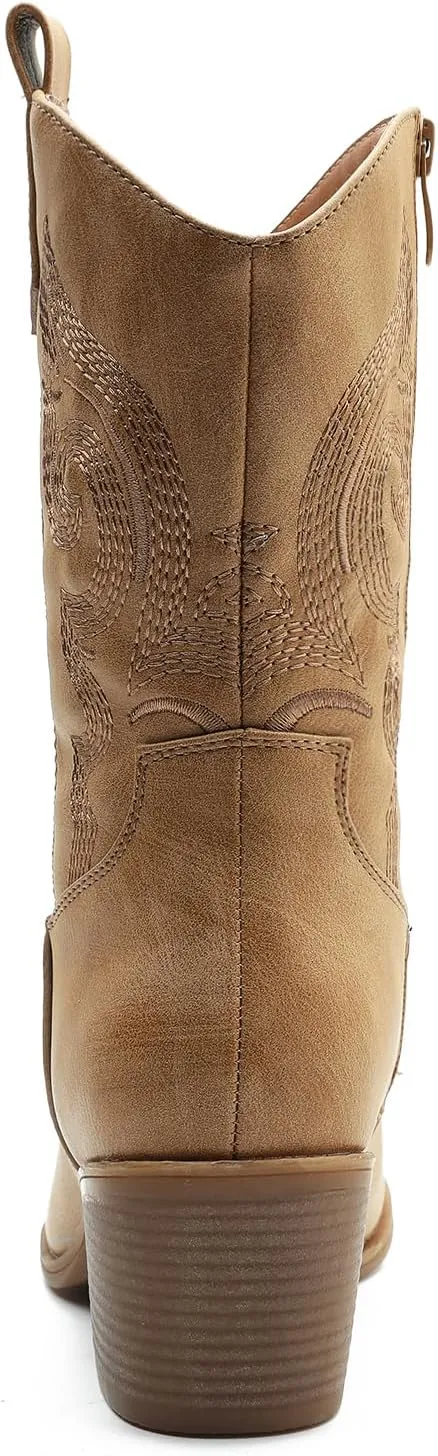 GLOBALWIN Women's Mid Calf The Western Cowgirl Boots Fashion Cowboy Boots For Women Chunky Low Heel