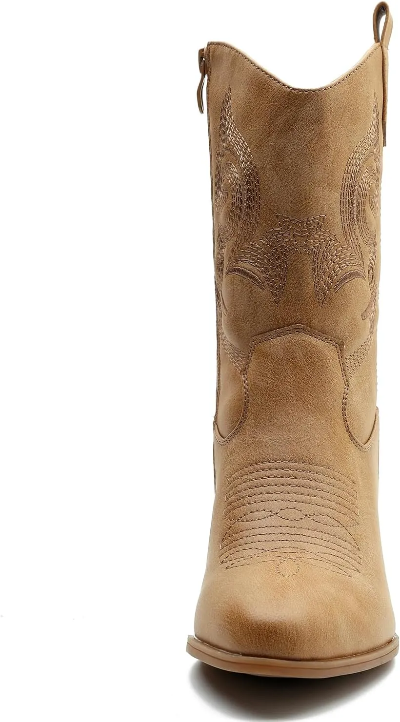 GLOBALWIN Women's Mid Calf The Western Cowgirl Boots Fashion Cowboy Boots For Women Chunky Low Heel