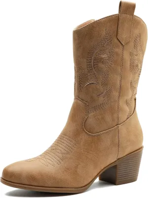 GLOBALWIN Women's Mid Calf The Western Cowgirl Boots Fashion Cowboy Boots For Women Chunky Low Heel