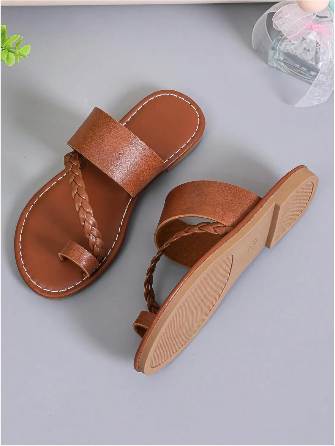 GORGLITTER Girl's Strappy Leather Flats Sandal Cute Braided Dressy Toe Ring Slip on Slide Sandals