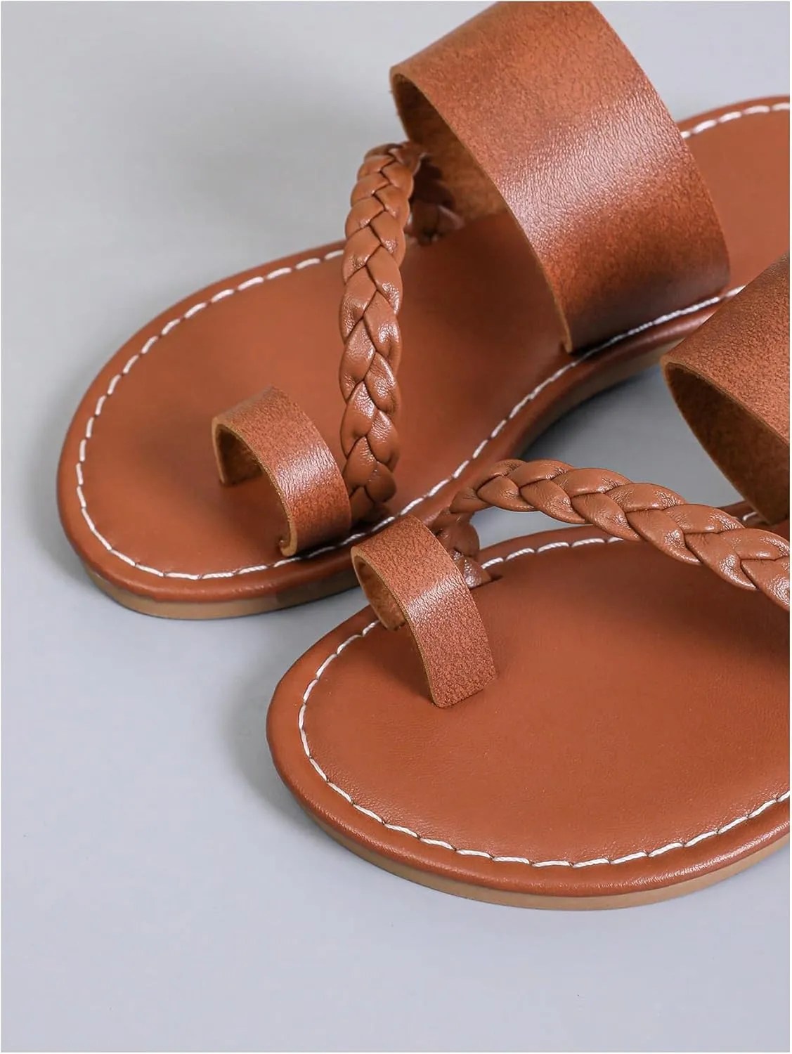 GORGLITTER Girl's Strappy Leather Flats Sandal Cute Braided Dressy Toe Ring Slip on Slide Sandals