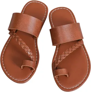 GORGLITTER Girl's Strappy Leather Flats Sandal Cute Braided Dressy Toe Ring Slip on Slide Sandals