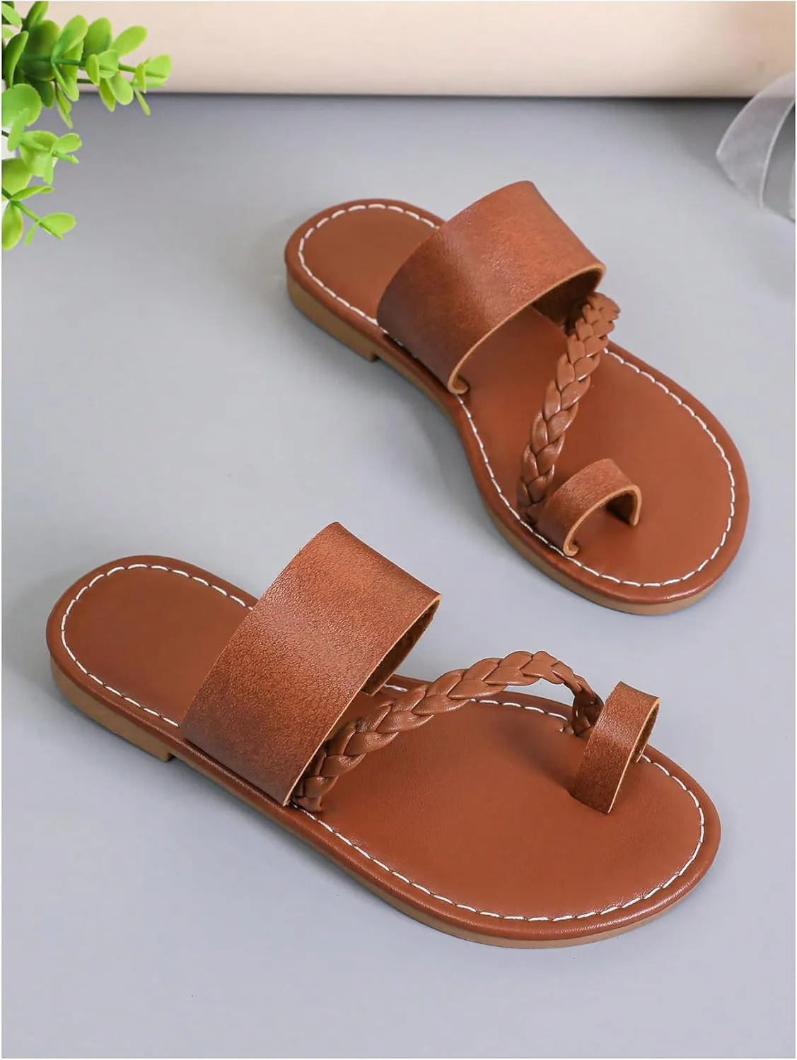 GORGLITTER Girl's Strappy Leather Flats Sandal Cute Braided Dressy Toe Ring Slip on Slide Sandals