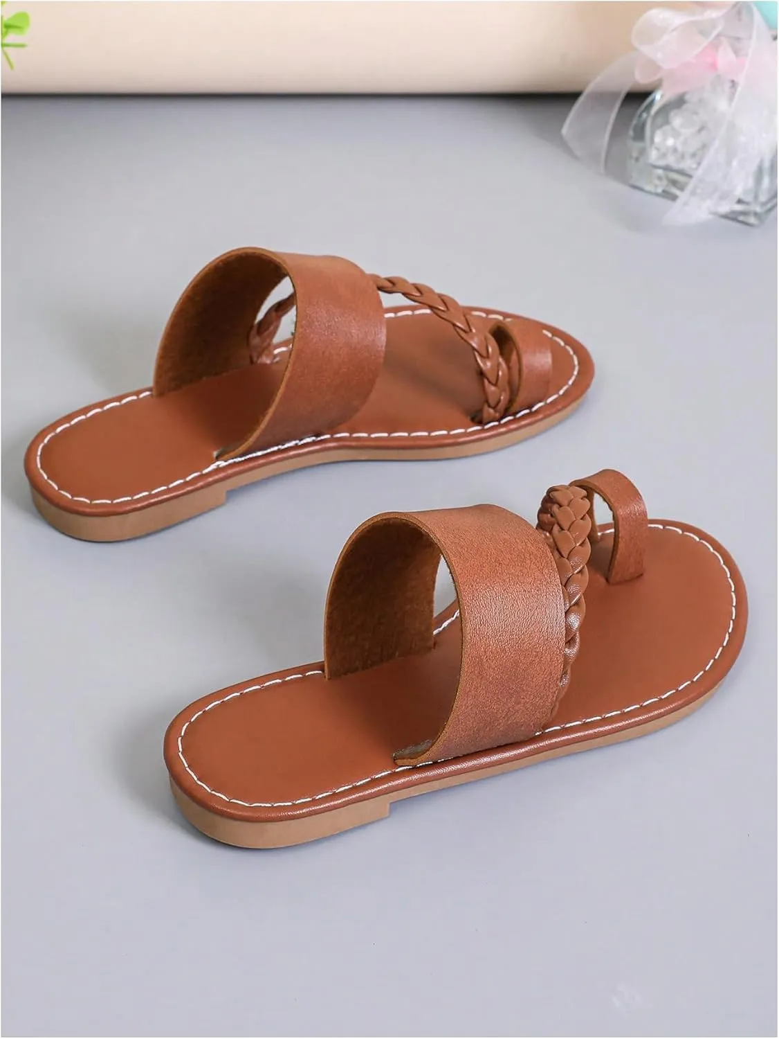 GORGLITTER Girl's Strappy Leather Flats Sandal Cute Braided Dressy Toe Ring Slip on Slide Sandals